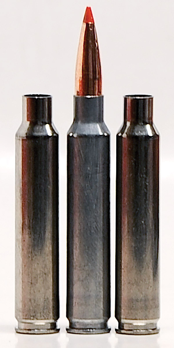 The only non-premium factory load (center) is topped with the 175-grain Fusion Tipped bullet. Federal recommends NOT reloading this case because it is not plated internally.  The external dull appearance distinguishes these from the bright nickel premium cases that are reloadable up to three times.